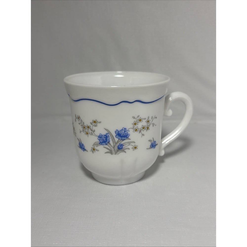 ARCOPAL France Milk Glass Coffee Cup Mug Blue Flowers Floral White